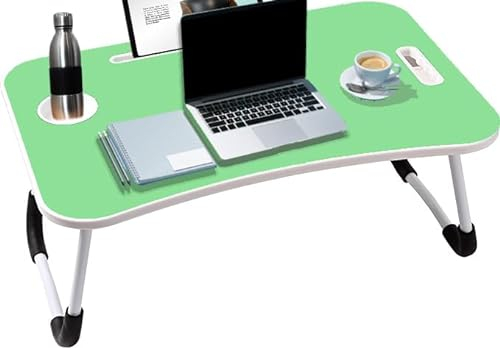 KKTECH Folding Laptop Bed Table Lap Standing Desk Sofa Breakfast Table Bed Tray Laptop Lap Desk with Cup Holder Notebook Stand Steel Legs 60x40x28cm (Green)