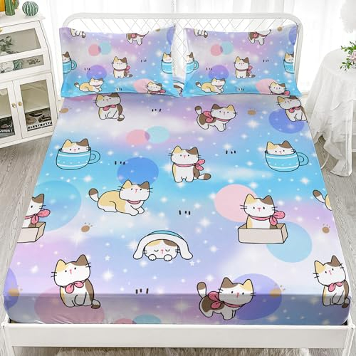 XYNHML Kinder-Spannbettlaken-Set mit niedlichem Katzen-Motiv, 3-teilig, bunt, Regenbogen-Glitzer, Sterne, Bettwäsche-Set für Jungen, Teenager, Erwachsene, inkl. 1 Spannbetttuch, 2 Kissenbezüge