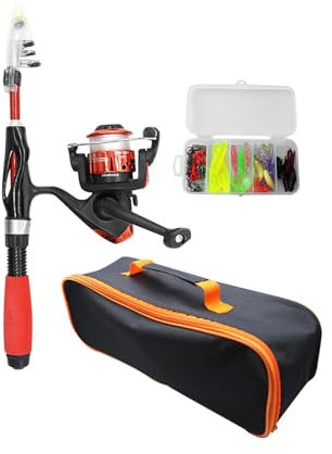 MagiDeal Canne à pêche pour Enfant de Voyage, Ensemble Complet de Canne à pêche pour Enfant avec leurres, Canne à pêche et Moulinet pour débutant, pêche en, Rouge