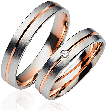 JC Trauringe Gold 333 Paarpreis Bicolor Rotgold und Weißgold I Eheringe breit 4,5 mm I Partnerringe mit Gravur in edler Schatulle I 2 Hochzeitsringe Herrenring ohne & Damenring mit Stein C062