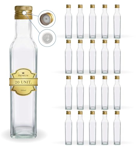 Espirito Rebelde 20 bottiglie in vetro da 500 ml con tappo a vite dorato con beccuccio versatore, olio di oliva, aceto, alcool - olio di vetro