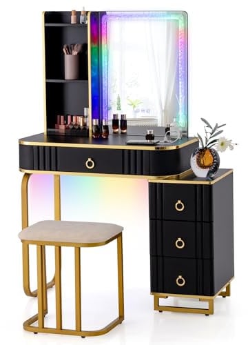 RELAX4LIFE Schminktisch mit Gepolstertem Hocker, Kosmetiktisch mit 7 farbigen LED-Beleuchtungen, Frisiertisch mit USB/Type C/Kabellosem Laden, Frisierkommode mit 4 Schubladen 3 Regalen (Schwarz)