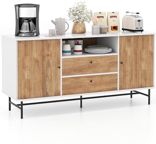 COSTWAY Sideboard Holz, Buffetschrank mit Schiebetüren & 2 Schubladen, Buffet mit Metallbeinen & Kippschutz, TV Schrank modern, für Küche Esszimmer Wohnzimmer, Weiß+Natur, 150 x 45 x 74 cm