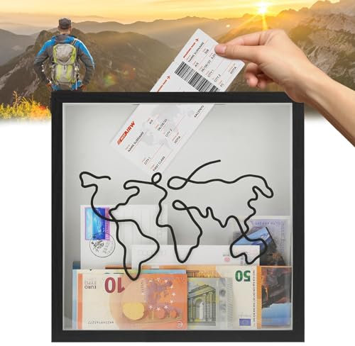 JJWNMLL Caja de archivo de aventura, marco de caja de recuerdos de viaje de aventura, caja de sombra de viaje negra con ranura y diseño de mapa del mundo (1 unidad, 11 x 11 pulgadas)