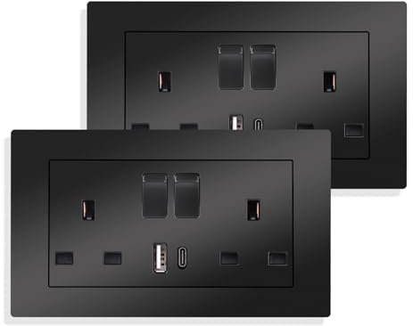 JIMEIDA 2 Pack Double Switched Power Socket Black 13 Amp with USB-A and Type-C Charging Ports Crystal Wall Outlet Electric Power Socket 146mm*86mm