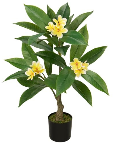 Hollyone 75 cm Kunstpflanze Wie Echt, Tropischer Kunstbaum mit Hawaiianischer Plumeria Gelb, Faux Frangipani Blume Zimmerpflanze für Heimdeko, Wohnzimmer, Schlafzimmer, Büro Dekoration