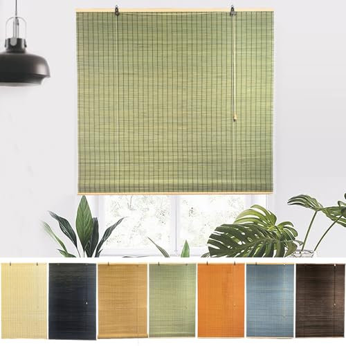 NIANXINN Indoor Bamboo Retro Roman Blinds, Natural Wooden Window Decorative Curtain, 95% Blackout Roller Blinds, Sunscreen Privacy, Custom, Width x Height (170cm x 120cm, Green)