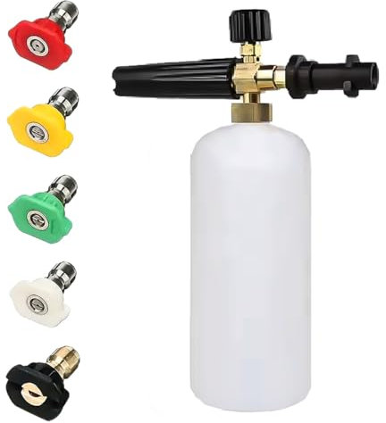 AutoLux SnowFoam Cannon, 1L Quick Release 1/4 Foam Cannon with 5 Spray Nozzle Tips for Karcher K Series, Snow Foam Lance for Car Wash and Car Detailing Kit