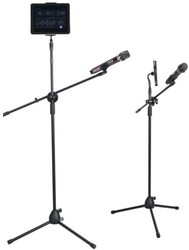 Treppiede regolabile in altezza con supporto estensibile, supporto per microfono per canto, live streaming, tablet e microfono, supporto telescopico portatile con treppiede per tablet con asta per