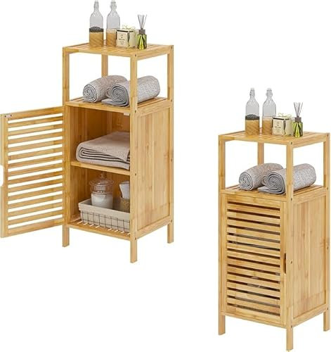 AuraCraft Meuble de Salle de Bain, Meuble de Rangement en Bambou, Armoire sur Pied, Placard de Rangement avec Étagère et 1 Porte à Persienne, pour Salle à Manger, Salon, Cuisine, 36 x 32.5 x 85 cm