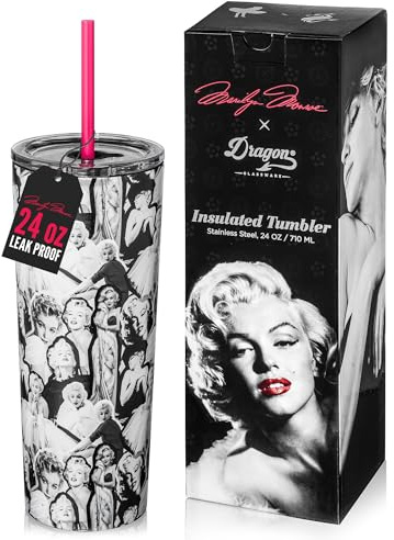 Dragon Glassware x Marilyn Monroe Vacuum Insulated Tumbler with Lid and Straw - 24 oz Tumbler Cup with 2 Straws - Stainless Steel Cup for Water, Iced Tea