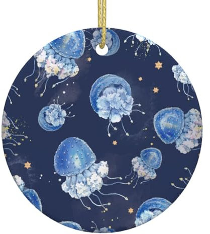 Weihnachtsschmuck in Form einer blauen Qualle mit goldener Schleife, Weihnachtsbaumschmuck aus Keramik zum Aufhängen für die Feiertage, Keramikschmuck zum Basteln, Christbaumschmuck, Heimschmuck für W