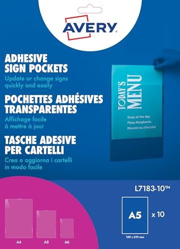 Avery L7183-10 Repositionable Sign Pockets, Clear Self-Adhesive A5 Display Sleeves (148 x 210 mm), Reusable Wipe-Clean, Pack of 10