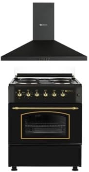 SOLTHERMIC COMBO PACK NEGRO RÚSTICO ACABADO DORADO COCINA ELÉCTRICA CON HORNO 50L + CAMPANA DE 60 NEGRA SIN BARRA DORADA (4 FUEGOS, GRAN CAPACIDAD EXTRACCION, SISTEMA SEGURIDAD)