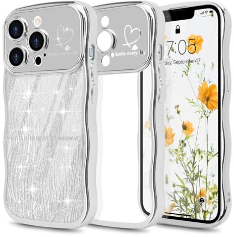 Wirvyuer for iPhone 13 Pro Case Glitter Card Wave Frame, Silver | Plated Heart Clear Cover with Removable Sparkly Card for Women Girls, Raised Camera Anti-scratch Protective Bumper Phone Case