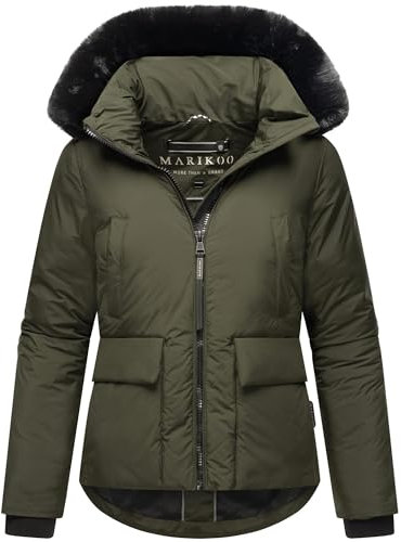 MARIKOO Damen Winterjacke (XS-XXL) - leicht, 6 Taschen, teils mit Teddyfell, Kapuze mit Kunstfellkragen, Warme Jacke Frauen - N005 (XXL, DOlive)