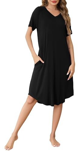 Wikoan Chemise de Nuit Femme Manches Courtes Robe de Nuit Col V Ete Chemises de Nuit Longue Tee Shirt Nuit avec Poches Vêtements de Nuit Taille Grande Noir M