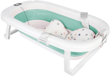 OHMG Bañera Bebe, Bañera Plegable Bebé, Bañera Bebé Con Termómetro Digital, Cojín De Baño, Bañera Bebe Plegable, Compacta Portátil Con Bandeja De Almacenamiento (Verde: 80 x 50 x 23 cm)