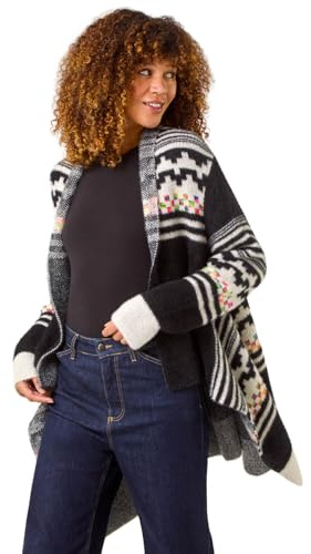 Roman Originals Pattern Fluffy Knit Cardigan for Women UK - Ladies Everyday Autumn Winter Comfy Soft Evening Vacation Work Party Night Out - Black - Size 12