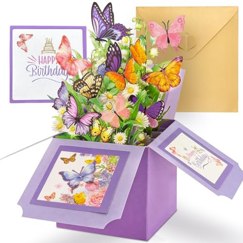 Hierein Butterfly Flower Birthday Cards for Women, 3D Pop Up Happy Birthday Cards Box for Female, Pop-up Gift Box with Envelope Blank Cards, Personalised Greeting Cards for Daughter Wife Sister Mum