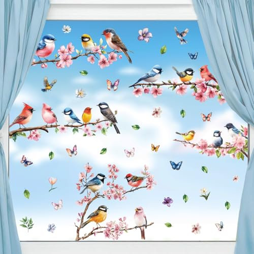 Vetrofanie Primaverili Adesivi per Finestra Tulipani con Ramo di Uccello Farfalla Adesivi per Finestre Primavera Vetrofanie Primavera Finestre Farfalle Decorative Fiore Albero