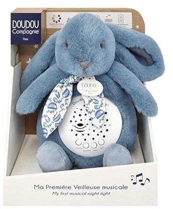 DOUDOU ET COMPAGNIE - Veilleuse Musicale Lapin bleu avec Projection d’Étoiles – Doudou Peluche avec Mélodies et Lumières Apaisantes – Compagnon Nuit Bébé – Idée Cadeau Naissance -DC4201