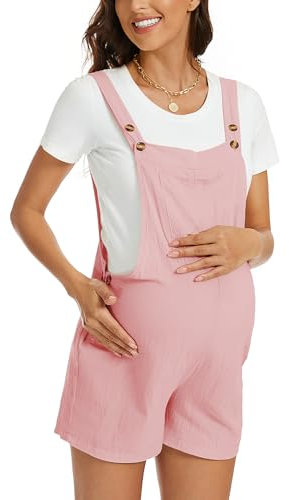 FEOYA Salopette Premaman Corta Regolabile Tuta Estiva con Tasche e Bretelle Overalls Largi in Cotone per Donne Incinte Rosa M