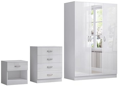 Nera High Gloss 3 Piece 3 Door Wardrobe with Mirror Chest of Drawers and Bedside Table Set with Mirror Bedroom Furniture Set (High Gloss White(Matt White))