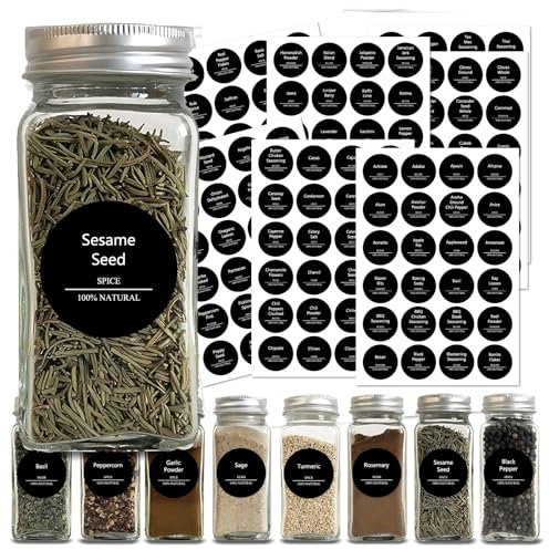 TrustKK Schwarze Gewürzglas-Etiketten 8 Blätter 192 Stück, Wasserdicht, Ölbeständig, Maschinenwaschbar, für Küche und Gewürzaufbewahrung, Rund 3,8 cm Durchmesser