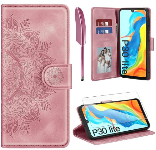 ivencase Lederhülle für Huawei P30 Lite Flip Hülle und Schutzfolie, Premium Klappbar Handyhülle Flip Wallet, [Kartenfach] [PU Leder] [Ständer] Schutzhülle Kompatibel mit Huawei P30 Lite, Rosa