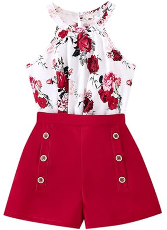 Ensemble Ete Enfant Fille Short Et Haut Top Sans Manches Fleur Adolescent Fille Chic Et élégant Fluide La Mode Ample Pas Cher Confortable Casual Plage Vacances 7-12 Ans (Brick Red, 13-14Years)
