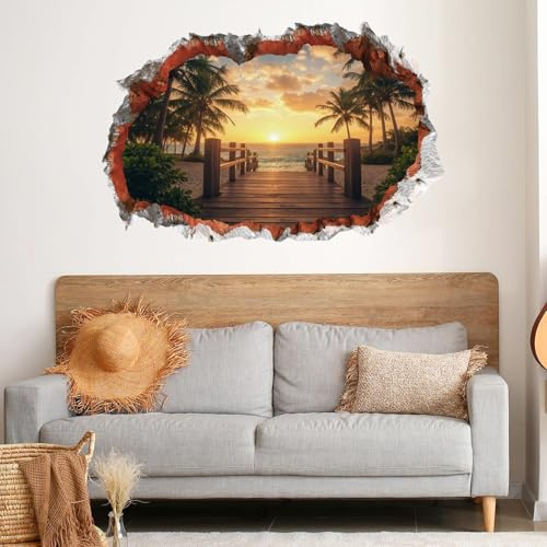 ANHUIB 3D Wandtattoo Sonnenaufgang Wandsticker Strand und Meer Selbstklebend Wandtattoo Badezimmer Wasserfest 3D Wandaufkleber Wohnzimmer Landschaft 85×56cm Schlafzimmer Flur Bad Aufkleber Wanddeko