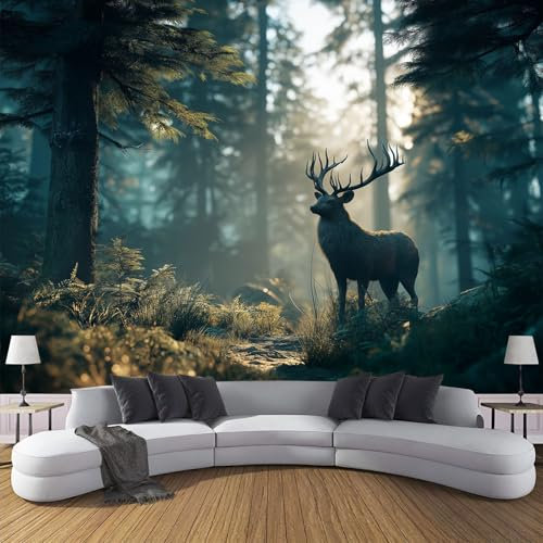 MIATCENRT Fantasy Animals Silk Cloth 3D Photo Wallpaper Mural, Forest Stag Wallcoverings, 350x256cm (WxH) Indoor Gray Blue Wall Painting for Bedroom Living Room TV Backdrop Home Decoration