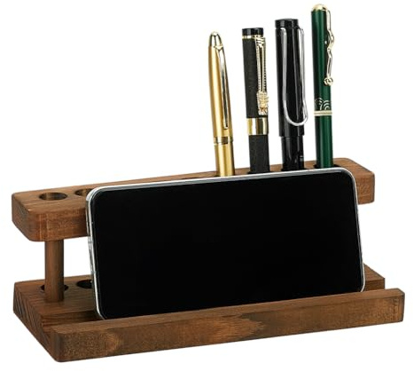 PH PandaHall Wooden Pen Display Stand Wood Pencil Holder for Desk, Brown Solid Wood Pen Organizer with 9 Slots and Phone Holder for School Office Home Store, 7.87x3.15x2.68 inches