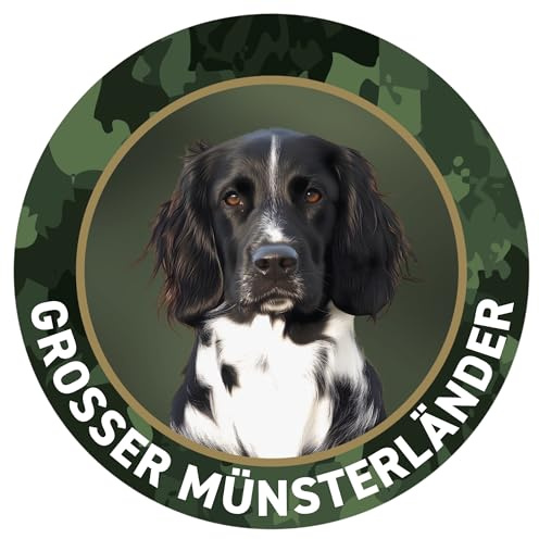 Großer Münsterländer Jagdhund Premium Hunde Aufkleber - Sticker für Auto, Pkw, Kfz, Kofferraum oder Autoscheibe - mit Hunde und Jagdhundemotiven, Outdoor, Ø 10 cm - Made in Germany