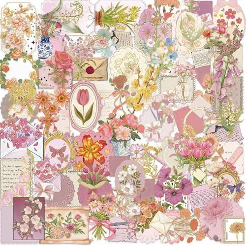 Die-Cut Blumen Sticker (50 Stück) - Transparente Goldfolie Scrapbooking Sticker, Vintage Blumen Aufkleber für Journaling, Kartenbasteln