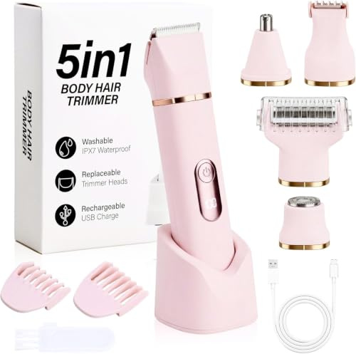 Focenat Afeitadora Mujer, 5 en 1 Maquinilla de Afeitar para Mujer, Rasuradora Mujer zona Intima y Corporal, Recortadora Femenina Intima Impermeable IPX7, Uso Seco/Mojado, para Bikini Corp Cara Nariz