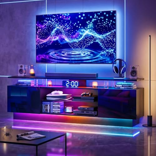 Nordivale 180cm High-Glossy TV Stand with 2 Side Cabinets, Modern Stylish TV Console with 3 Layer LED Lights,Gaming TV Media Console with Adjustable Glass Shelf, Remote&APP Control, Black