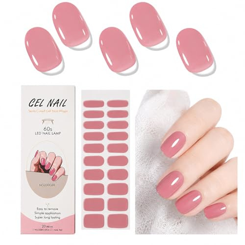 20Pcs Gel Nail Strips Semi Cured Nail Stickers – Full Wrap Nail Stickers UV LED Lamp Required, Nude Pink Glossy Nail Wraps Easy Apply for Women DIY Nail Art Daily Wear