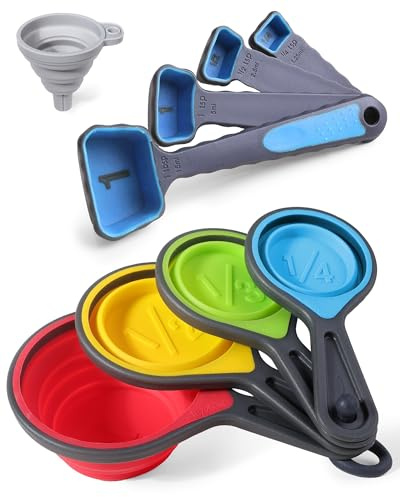 Measuring Cups and Spoons, Collapsible Silicone Measuring Cups and Spoons Set, 8 Piece Measuring Tool Engraved Metric/US Markings for Liquid & Dry Measuring, Space Saving, BPA Free Silicone, Colorful