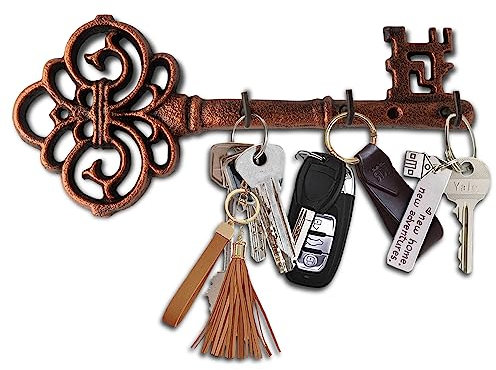 Comfify Dekorativer Schlüsselanhänger aus Gusseisen zur Wandmontage -Vintage Schlüssel mit 3 Haken - Wandmontage - Rustikaler Aufhänger aus Gusseisen - Kupfer - 10,8 x 4,7- mit Schrauben und Dübeln
