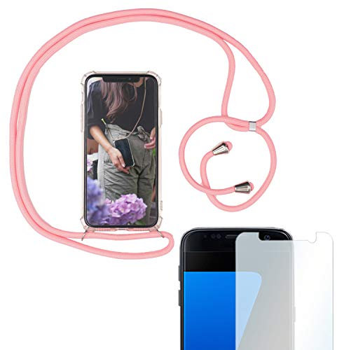 Eximmobile Handykette + Folie Schutzhülle kompatibel mit Samsung Galaxy S7 Handy Hülle mit Band Seil Rosa Schnur Case zum Umhängen Handytasche Umhängehülle Kette Kordel Silikoncase Tragen