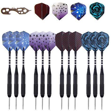 Professionelle Dartpfeile mit Stahlspitze, 12-teiliges Set,12 Messing-Barrels,12 Aluminium-Schäfte 48 mm,16 Flights Standard-Form,1 Mehrzweck-Dart-Werkzeug,1 Tragetasche (20 g schwarzes Barrel)