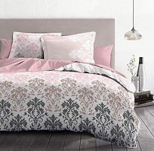 Home Linge Passion Housse de Couette - 3 Pièces | 100% Coton - 57 Fils | 2 Personnes - 220x240 cm | CREVECOEUR Ocre & Rose POUDREE
