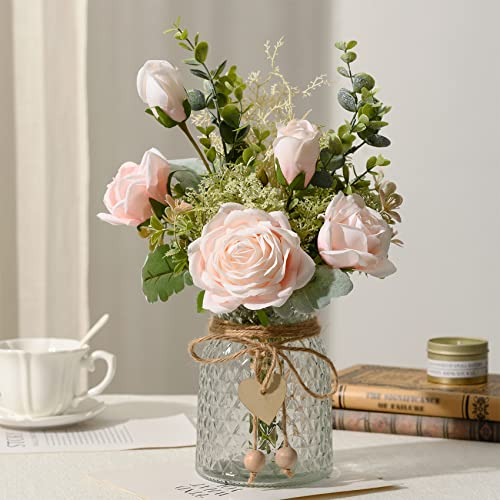 YJ - Flores Falsas con jarrón, Ramo de Rosas Artificiales de Seda en jarrón, arreglos Florales sintéticos, decoración de Mesa de Granja, decoración de Mesa para Sala de Estar, decoración de Mesa Baja