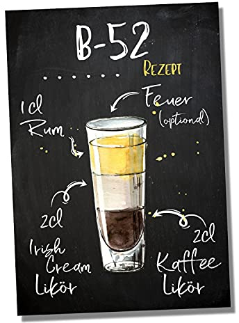 siviwonder Cocktail Schild B-52 Alu-Dibond 3 mm wetterfest - Bar Deko Metall für Theke Küche Garten Partykeller - 20×14 cm Tafel Retro Look ohne Bohrlöcher Indoor Outdoor B52