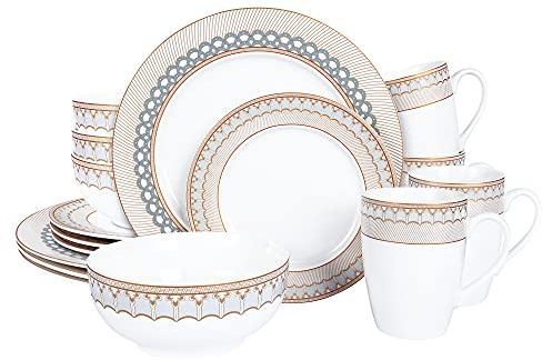 fanquare Vajilla Completa Moderna de Porcelana de 16 Piezas para 4 Personas, Cuencos y Platos y Vajilla de Color Gris con Escamas de Pescado