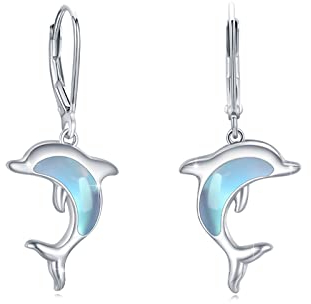 TRISHULA Delfin Ohrringe 925 Sterling Silber Baumel-Ohrringe Hypoallergene Mondstein Hängeohrringe Tier Delfin Ozean Schmuck Weihnachten Geschenk für Damen Frauen Mädchen Kinder