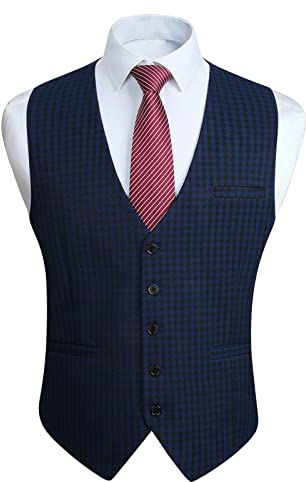 HISDERN Herren Karierte Weste formale klassische Weste Baumwolle Hochzeit Hahnentritt Anzug Westen Blau/Schwarz L