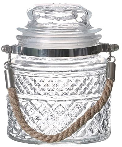 Glass Storage Jars with Handle Airtight Lid Vintage Decorative Containers Kitchen Food Preserving Jar Jute Rope Handle Push Top for Storing Candy Cookies Sweets Snacks (550ml)